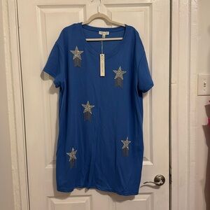 She + Sky blue tshirt dress with stars and fringe